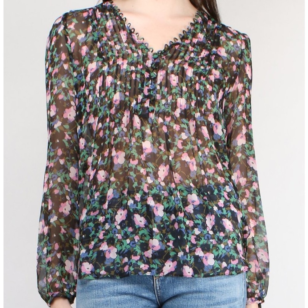 Veronica Beard Lowell Blouse- Floral Sheer 100% Silk Blouse - Black and Pink